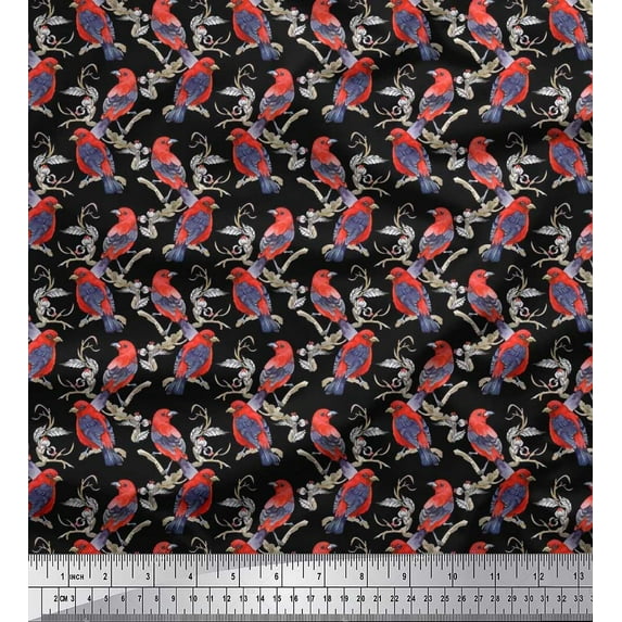 Soimoi Black Cotton Duck Fabric Branches & American Robin Bird Printed Fabric 1 Yard 42 Inch Wide