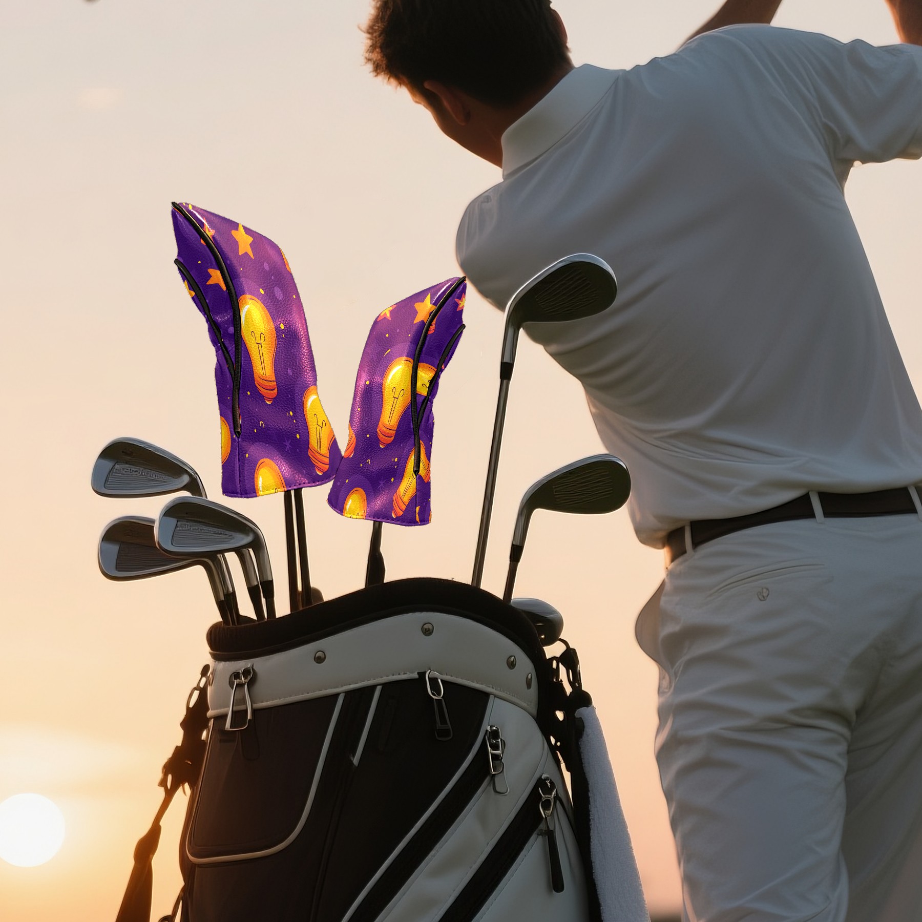 Golf Club Covers PU Leather Waterproof Head Covers for Fairway Woods Hybrids Light Bulb Pattern
