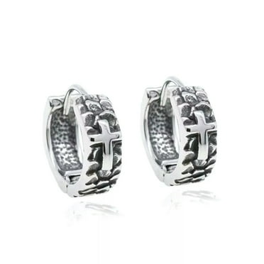HOOUN Men's Surgical Steel Round Small Cross Huggie Hoop Earrings Punk Biker Jewelry