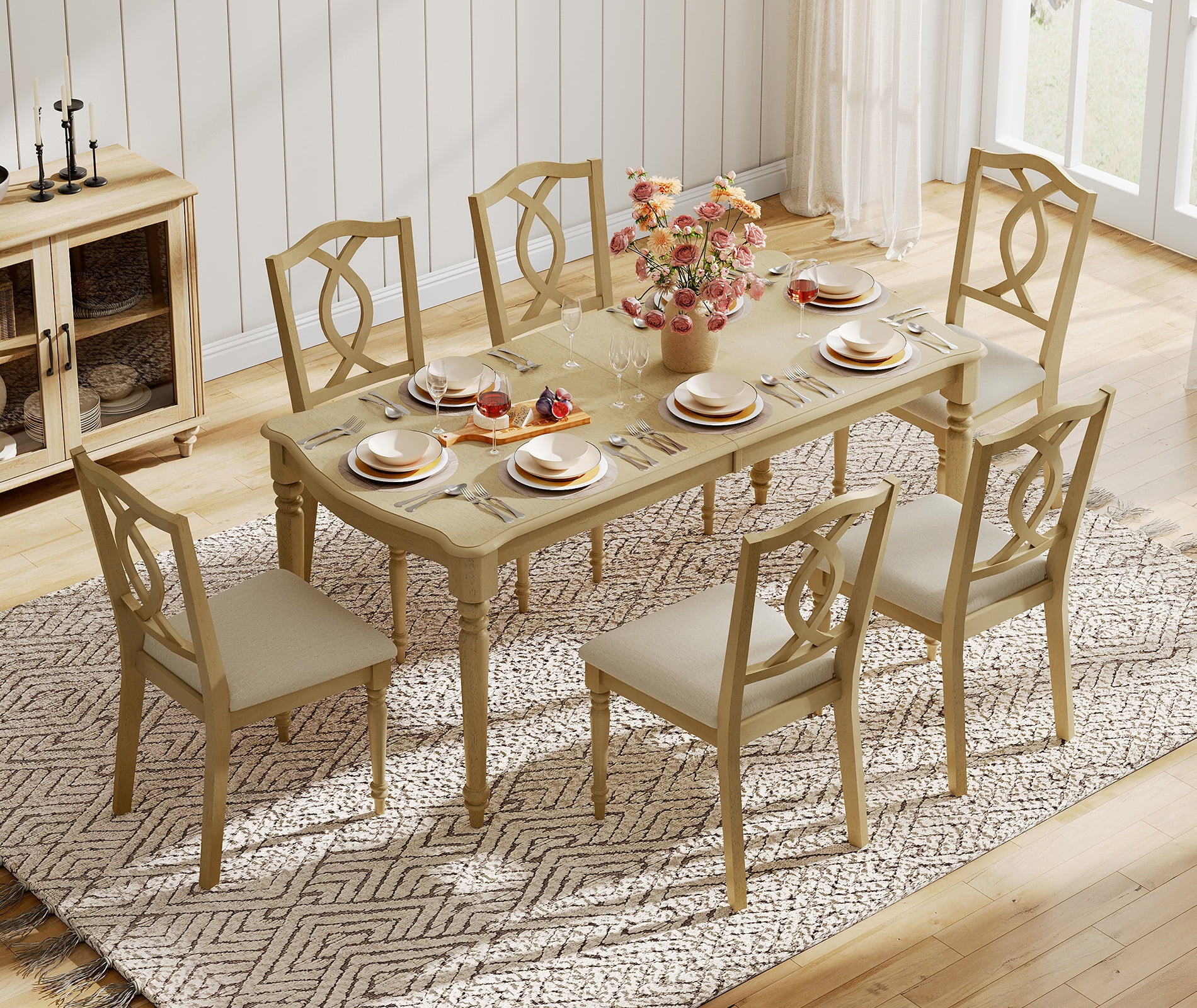 Set of 6 Dining Chairs with Cross-Back & Upholstered Seat, Farmhouse Kitchen Chair with Solid Wood Legs for Dining Room, Oak