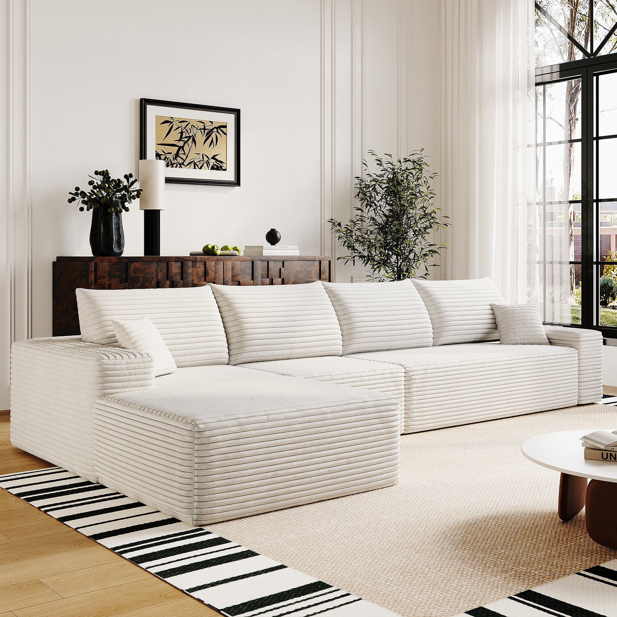 Sailvan 135" Cloud Sectional Couch, Cloudy Sofa with L-Shape Chaise, Upholstered Couches for Living Room & Bedroom, No Assembly Required, Plush Corduroy Fabric, Beige
