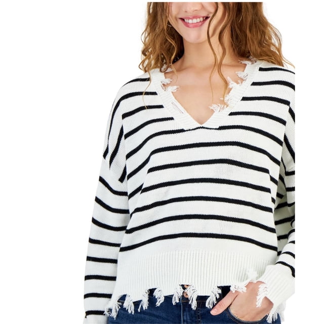 JUST POLLY Womens Drop Shoulder Knit Sweater, white, L