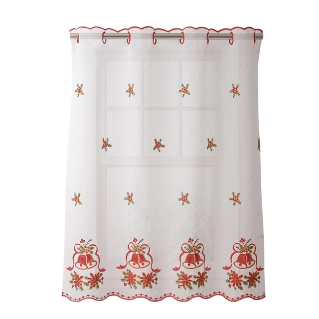 Christmas Themed Polyester Sheer Curtain, Festive Window Drapes with Embroidered Pattern, Holiday Home Decor for Living Room Bedroom, Easy to Install, 1 Panel