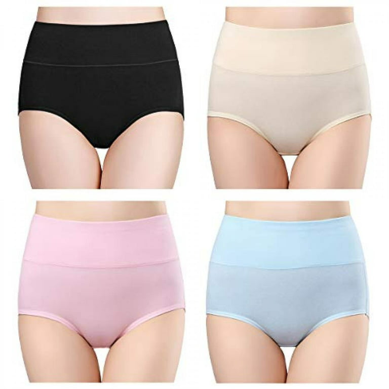 Women's High Waisted Cotton Underwear Ladies Soft Full Briefs Panties Pack  Of 4, Black+skin+pink+blue, 2xl