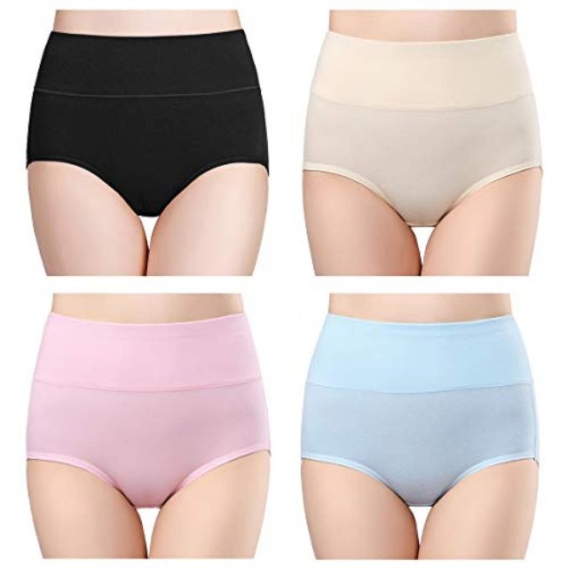Ropa interior de algodón de talle alto para mujer, bragas suaves y completas para mujer, paquete de 4, negro + piel + rosa + azul, L Feliz Sencillez