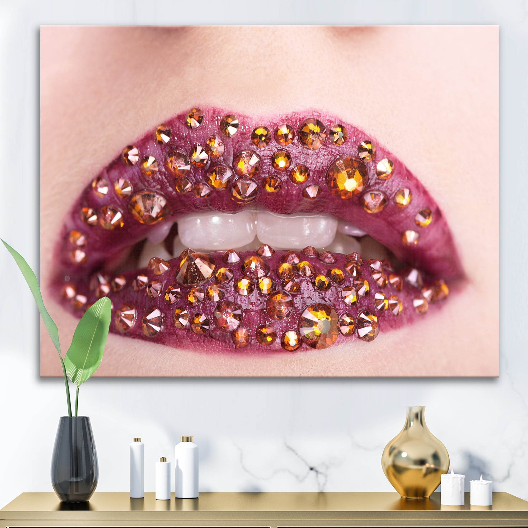 Designart ' Close-Up Of Girl Lips With Sequins ' Modern Canvas Wall Art Print