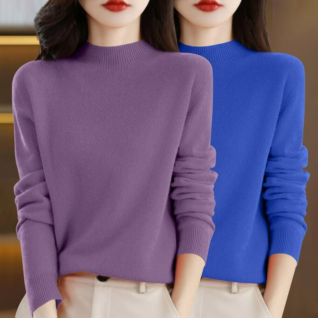 Chandail à Col Rond pour Femmes, Automne et Hiver, 2 Pcs, Couleur Unie, Doux et Confortable