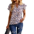 thumbnail image 1 of Blusa estampada para mujer Cuello en V Manga corta con volantes Cuello alto Blusa con volantes para mujer Top Beige S, 1 of 8