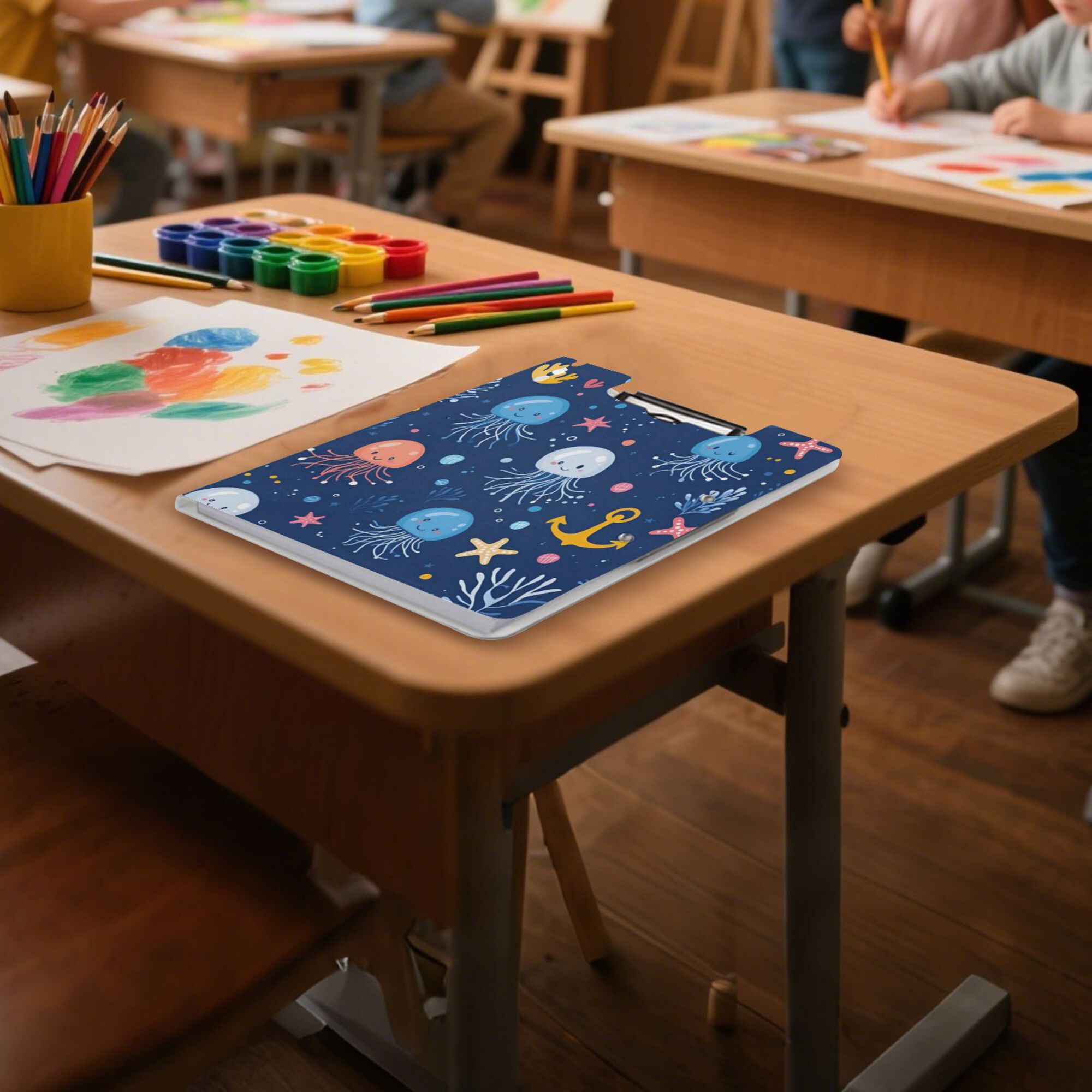FORMRS A4 Clipboard Folder with Pen Holder Horizontal Foldable School Office Binder, Blue Jellyfish