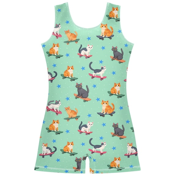 Gymnastics Leotard Sleeveless Skateboard Cat Stars Stretchy Dance Bodysuit Breathable Athletic Ballet Yoga Outfit for Ages 3-14
