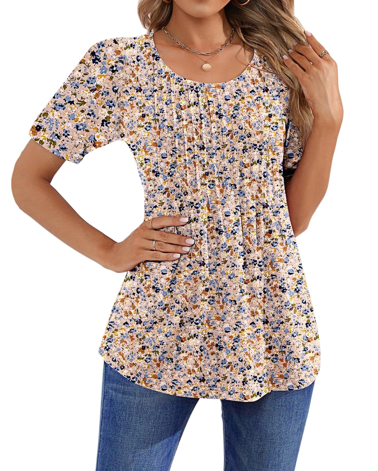 Blouses for Women Pleated Short Sleeve Tunic Tops Dressy Casual Summer Shirts