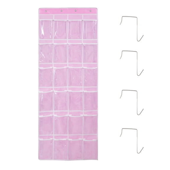 24 Pocket Over the Door Organizer, Classroom Headphone Storage Holder with Clear PVC Pockets, Hanging Storage Bag for School Supplies, Pink, 59 x 21.7 inch