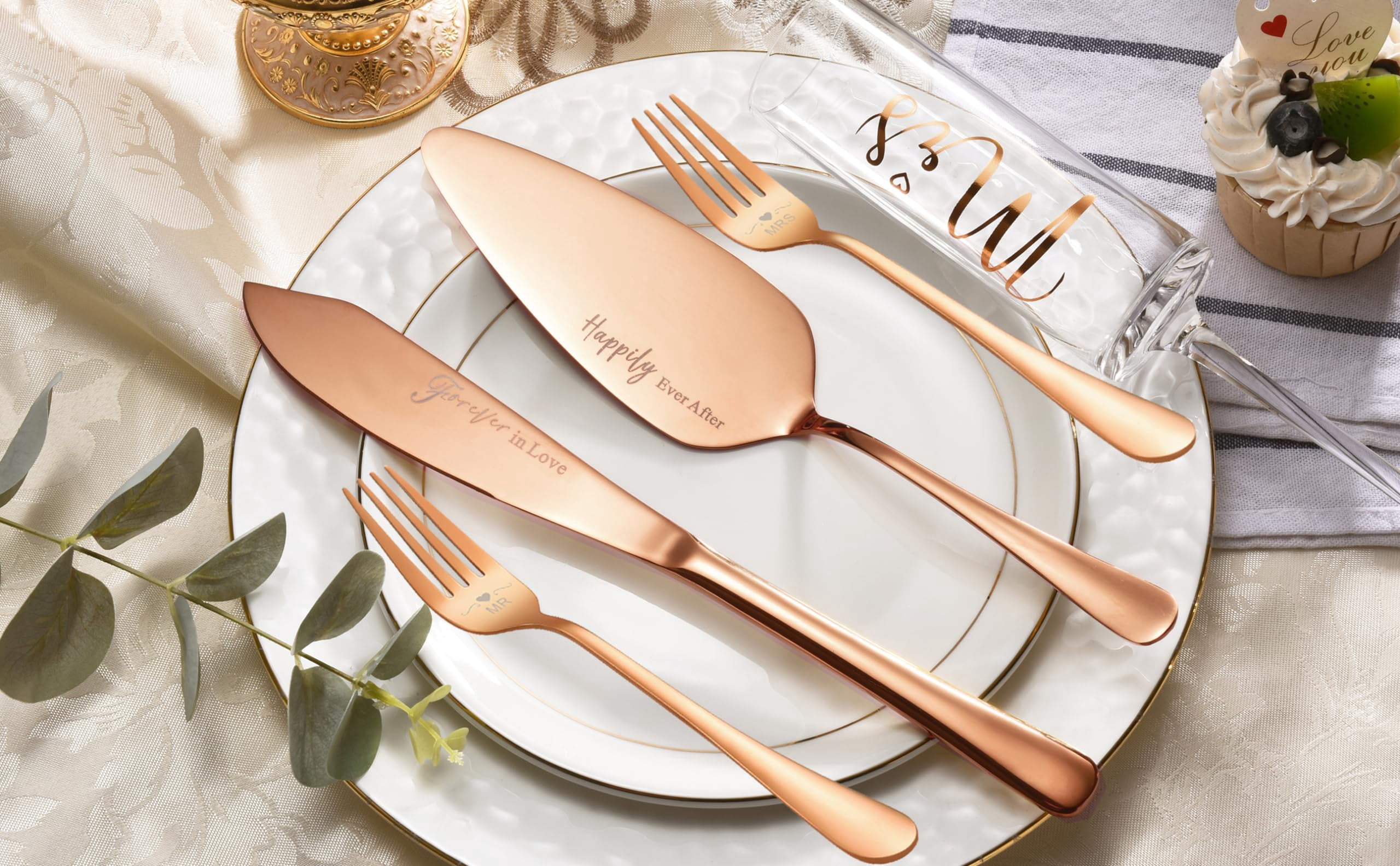 Wedding Cake And Server Set  Bride Groom Mr Mrs Champagne Flutes & Forks With Giftable Box For Engagement Bridal Shower Gifts