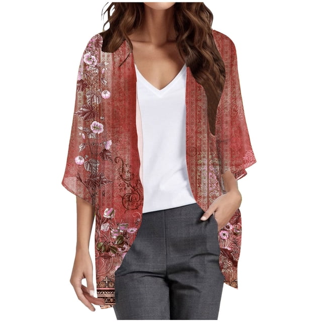 2025 Cardigan Léger à Manches Bouffantes à Imprimé Floral pour Femmes, Ouvert à l'Avant, Kimono Cardigan d'Été à Manches, Ample, Grande Taille, Chandails pour Femmes, Couvre-Maillot, Blouse Décontractée