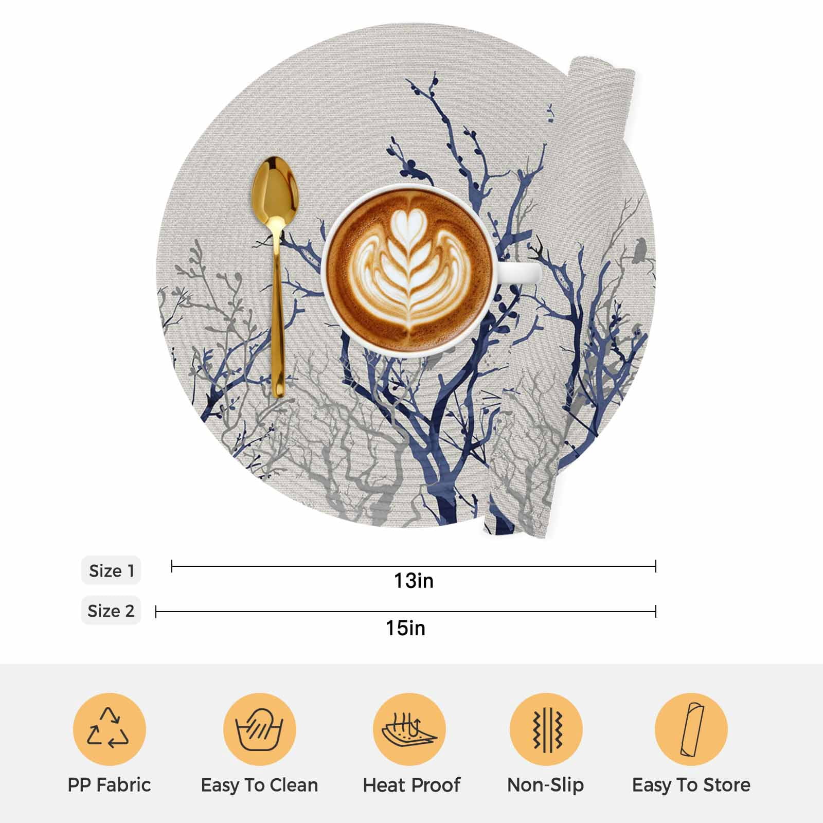 Blue Tree Round Placemats Set of 8 Retro Farmhouse Botanical Branches Bird Place Mats Indoor Woven Table Mats Washable Heat-Resistance Braided Dining Table Placemats for Kitchen Party Decor 13 Inch