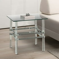 Square Glass and Metal End Table with Tubular Legs, Silver and Clear- Saltoro Sherpi