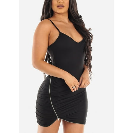 Womens Juniors Ladies Sexy Clubwear Going Out Party Night Club Tight Fit 2019 Little Black Above Knee Zipper Stretchy Bodycon Mini Dress