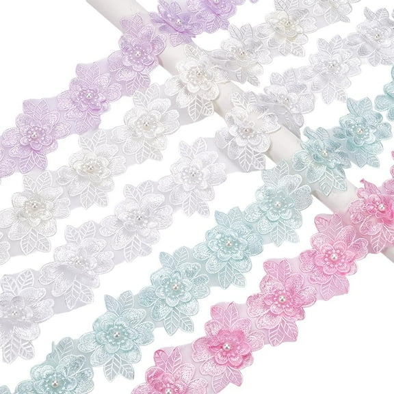 1Set 5 Yards 5 Colors Organza 3D Flower Lace Trim with Imitation Pearl Garment Accessories Mixed Color 2-3/4 inch(71.5mm) 1 yard/color