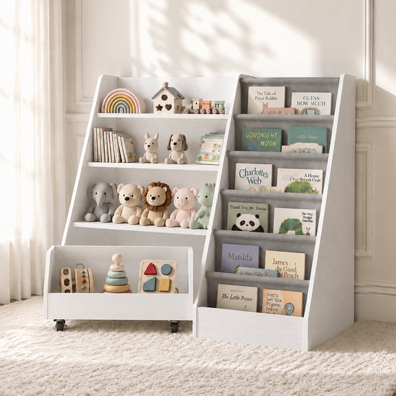 Scohul 3-in-1 Kids Bookshelf and Toy Storage Organizer, Montessori Toddler Bookcase with Rolling Bin for Playroom and Nursery, White