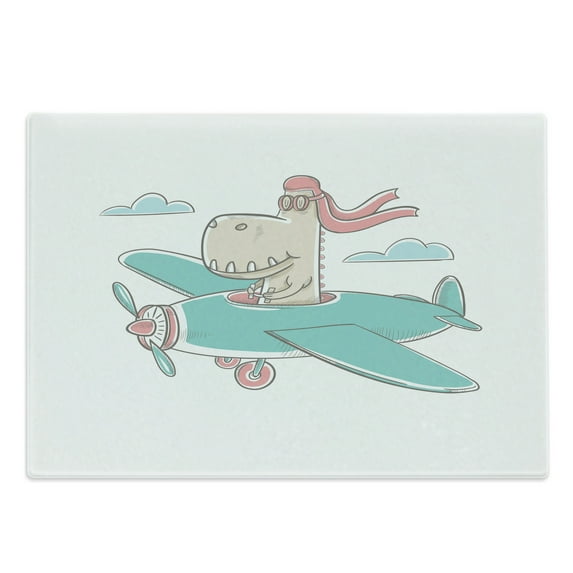 Dinosaur Cutting Board, Dinosaur Flying a Plane in Sky Cool Hipster Funny Boys Graphic, Decorative Tempered Glass Cutting and Serving Board, Large Size, Turquoise Eggshell, by Ambesonne