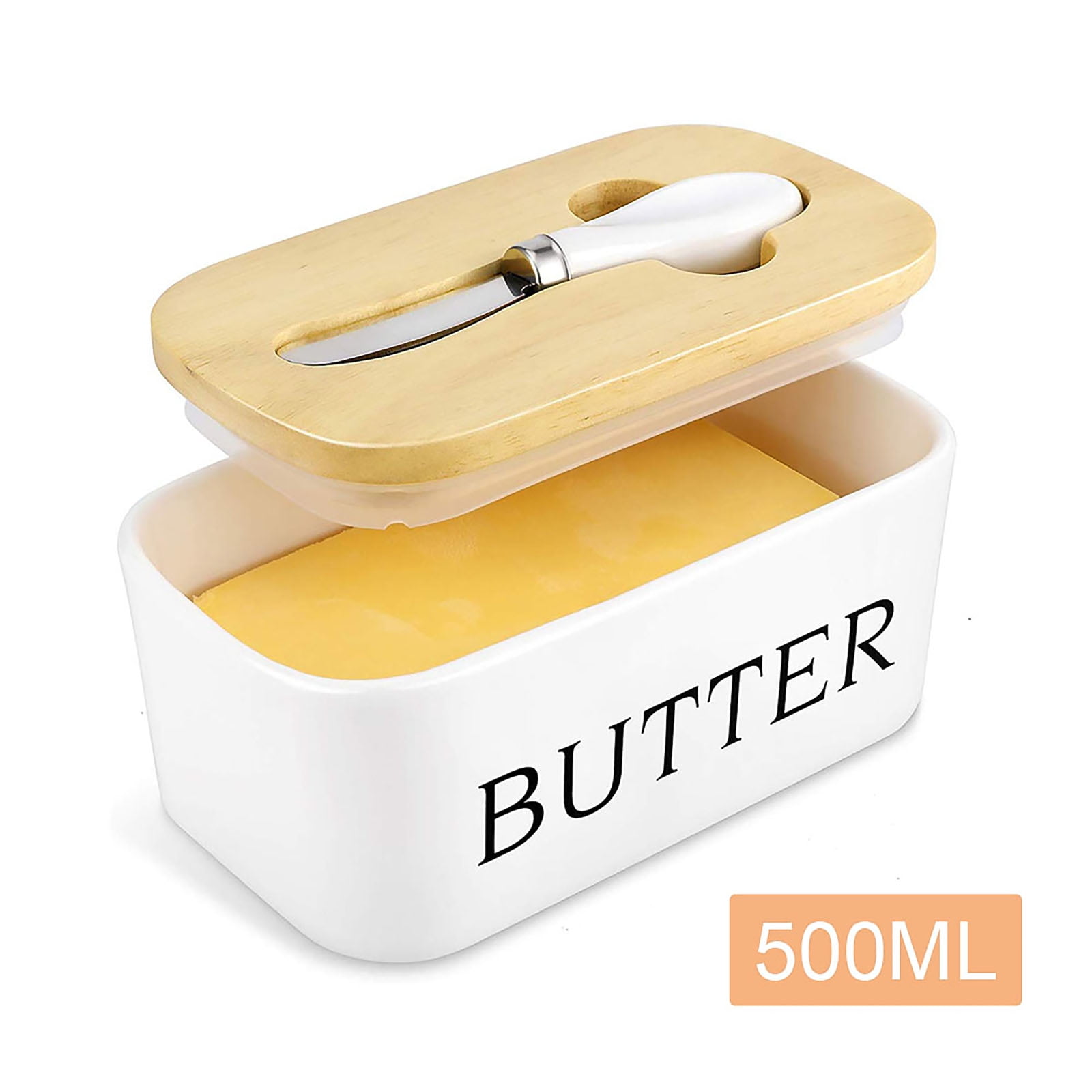 Porcelain Butter Dish Box Wooden Lid Deep Storage Tray Ceramic Gift Set Covered