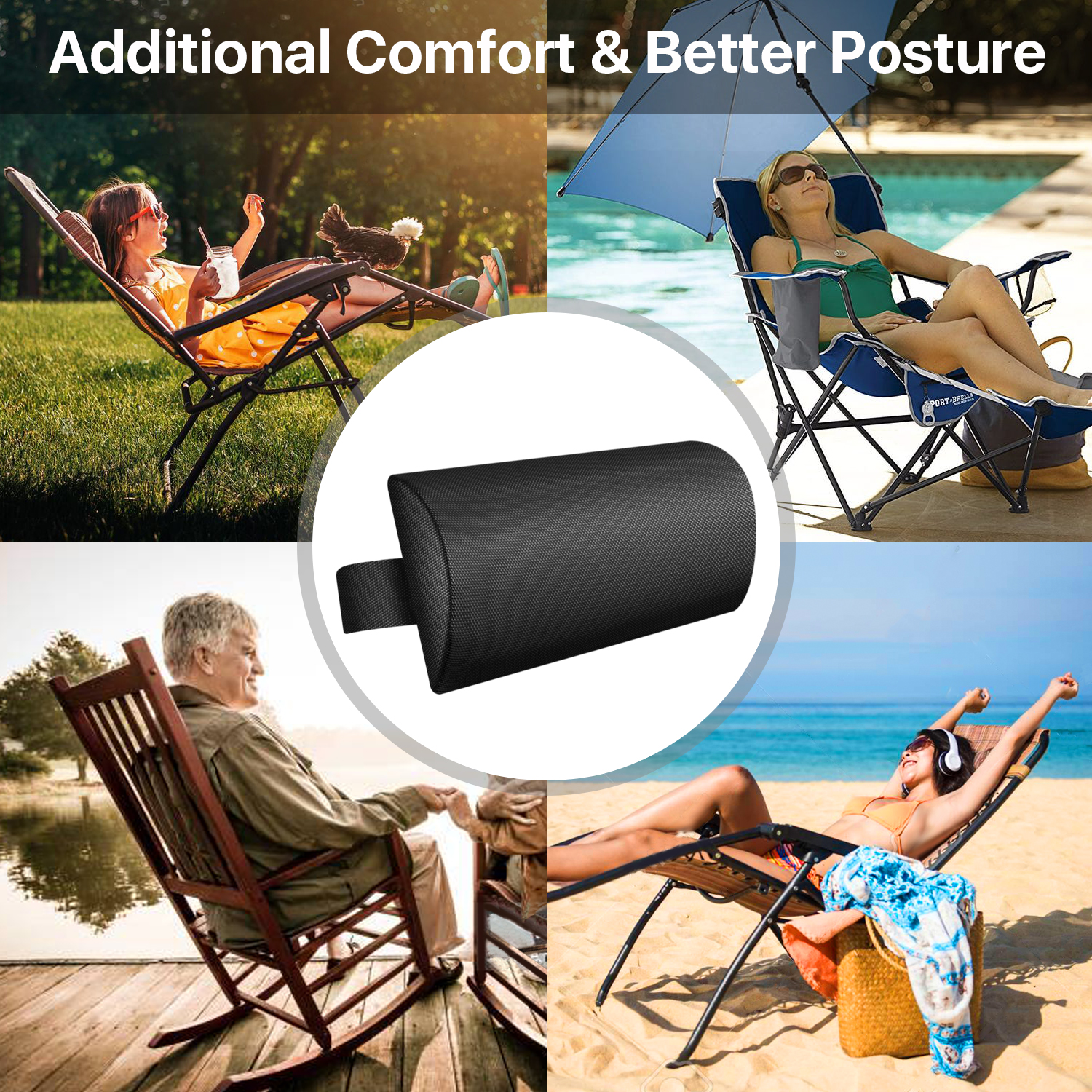 Universal Headrest Pillow Replacement for Zero Gravity Office Reclining Lawn Patio Lounge Folding Chair Neck Head Lumbar Pillow with Adjustable Elastic Band up to 20in/50cm Wide (Black) - image 5 of 7