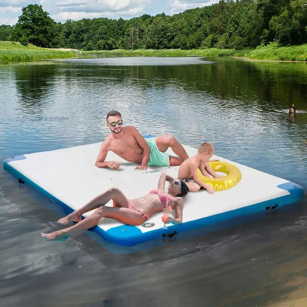 GVN 10' x 7' Water Inflatable Floating Dock, Inflatable Platform Island, Large Floating Mat Raft with Air Pump & Backpack, White