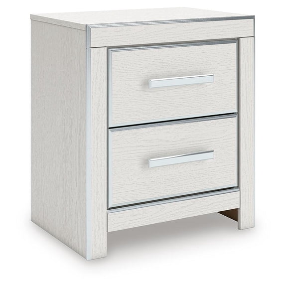 Signature Design by Ashley Ravalori Two Drawer Nightstand - White Finish with Chrome Accents, USB-A & USB-C Charging Ports, 2 Storage Drawers