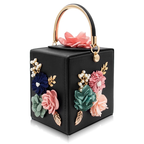 Milisente Sac à Main de Soirée pour Femmes Sac à Bandoulière Carré Floral Sac de Soirée Sac à Main de Mariage Fleur (Noir)