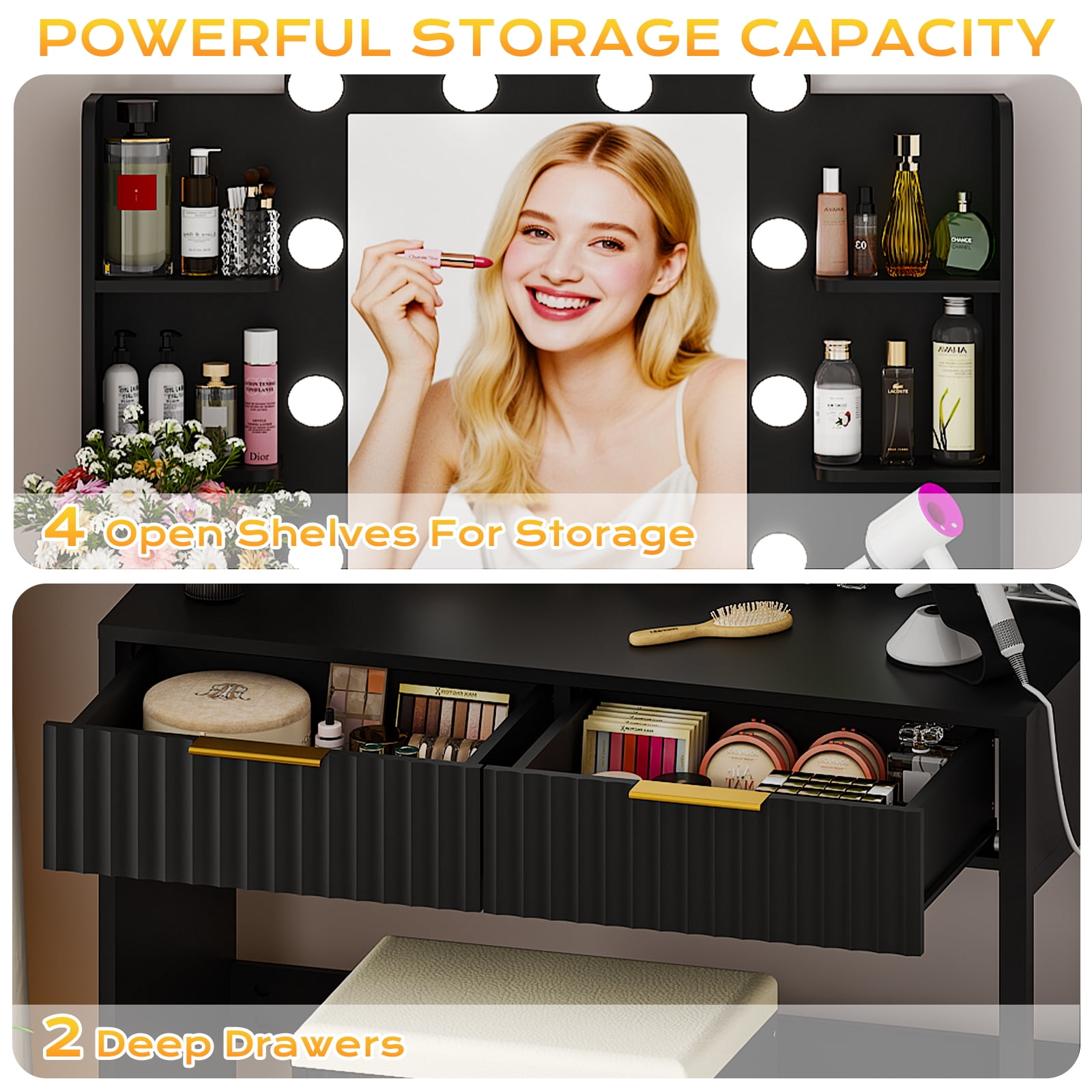 Ktaxon Lighted Makeup Vanity and Stool, Black Vanity Table Set with 2 Drawer and Charging Station, Femal Gift