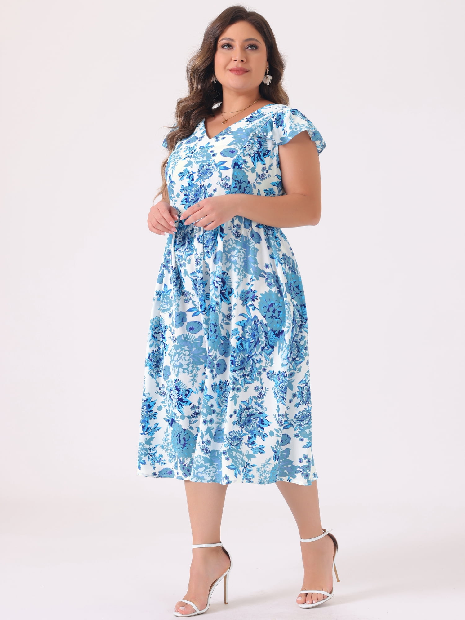 DARING DIVA Plus Size Floral Ruffle Short Sleeves Tie Back V Neck Dress 1X Blue