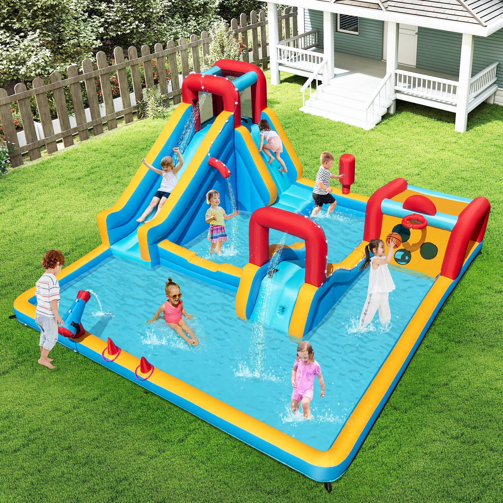 Costway Inflatable Water Park with Climbing Wall Boxing Post Basketball Rim 750W Blower
