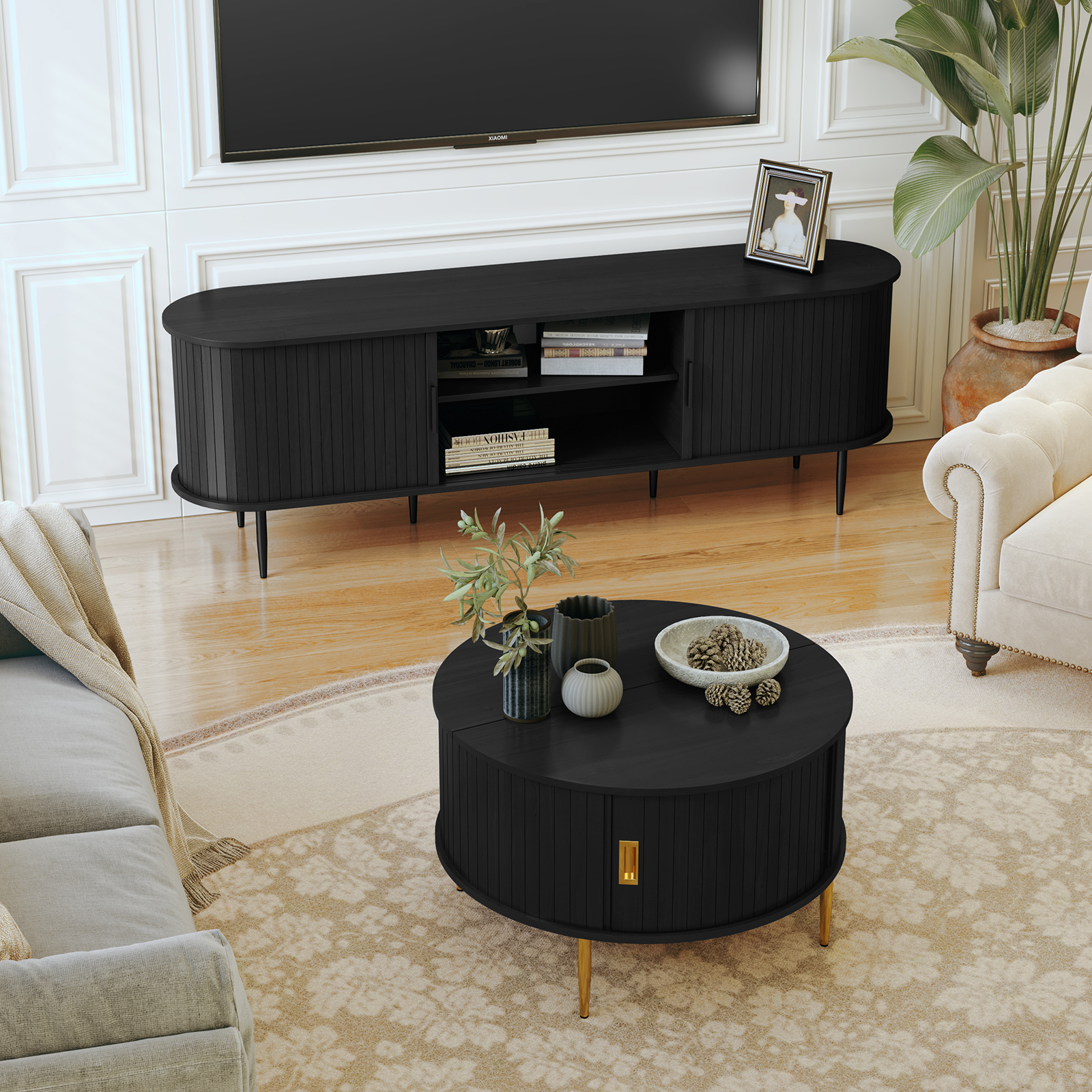 HLR Mid Century 31.5" Round Coffee Table with Sliding Tambour Door, Drum Center Table with Storage for Living Room, Black