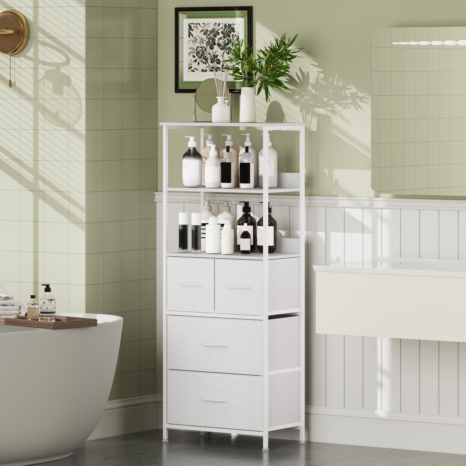 Eunos 6 Tier White Tall Bookcase with Drawers, 4 Removable Drawer Ladder Bookshelf, Bedroom Study
