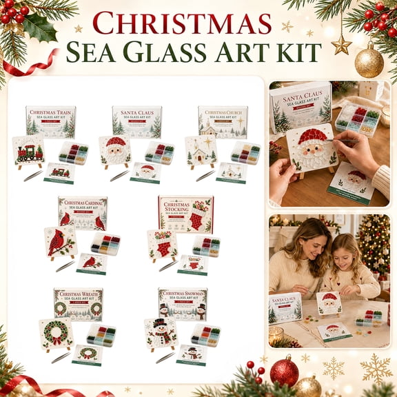 Christmas Sea Glass Decor Kit with 4 Inch Board and Plastic Organizer, Sea Glass for Crafts with Craft Kit and Stained Glass Supplies, Art Supplies for Student with Craft Storage