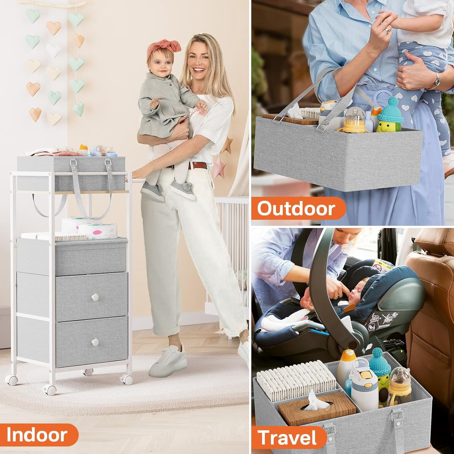 Baby Diaper Caddy Organizer Cart with Drawers - 3In1 Rolling Storage Cart with Wheels, Removable Diaper Caddy, Detachable Dividers - for Crib, Bedroom, Art & Craft Organizer (Light Gray)