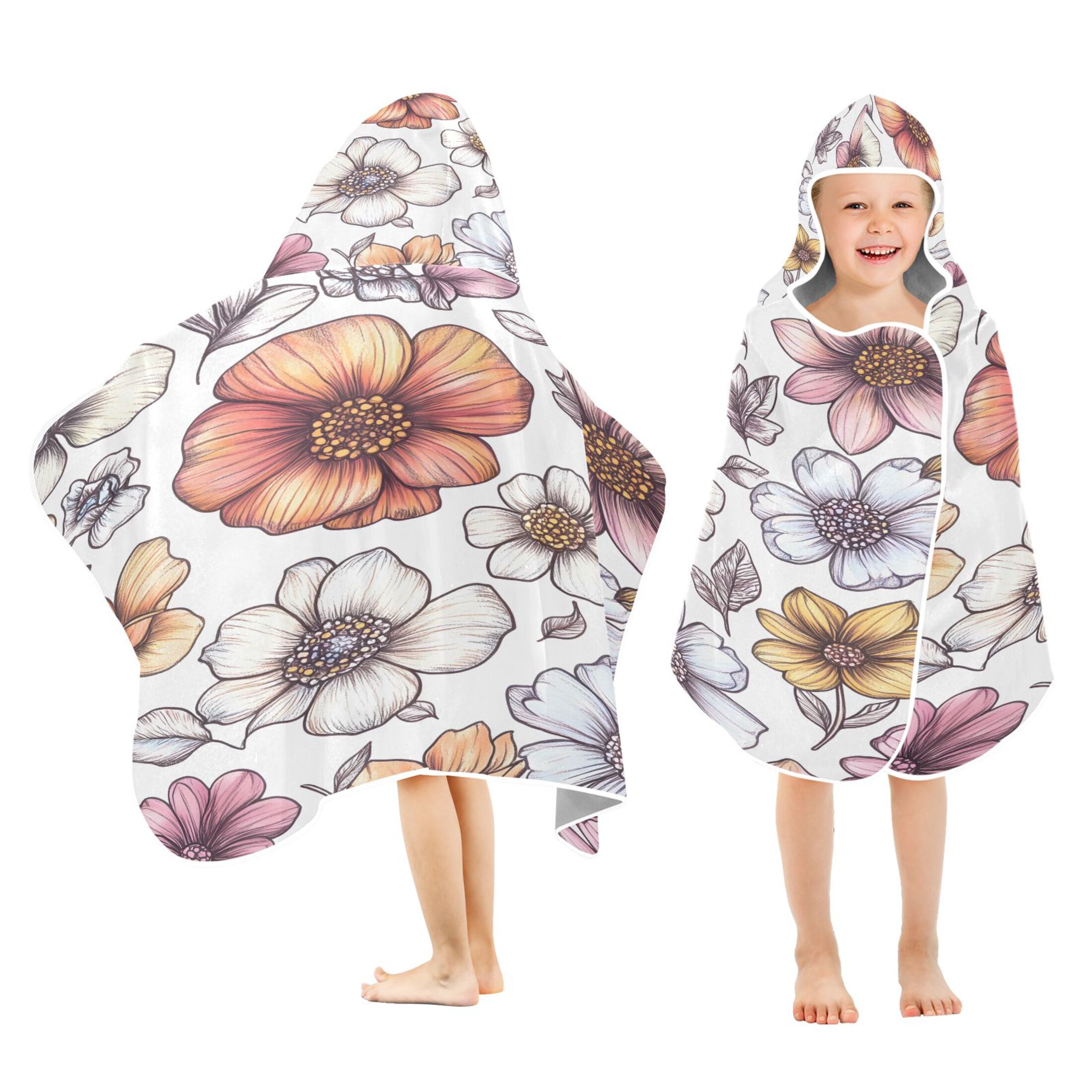 Colorful Flowers 50x23.5" Baby Hooded Bath Towel Poncho, Quick-Dry and Triangle Pocket, Kids' Essential