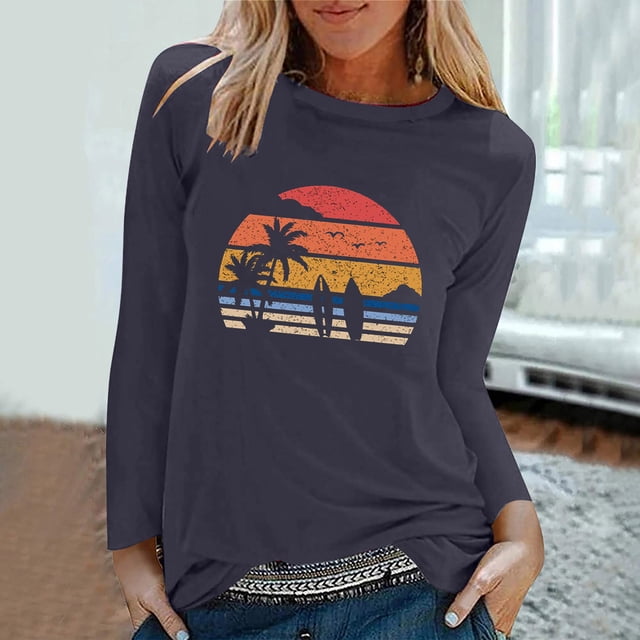 EQWLJWE Chemises à Manches Longues pour Femmes Lot Mode T-Shirt Décontracté à Manches Longues Imprimé de Printemps pour Femmes Col Rond Hauts Vêtements d'Automne pour Femmes