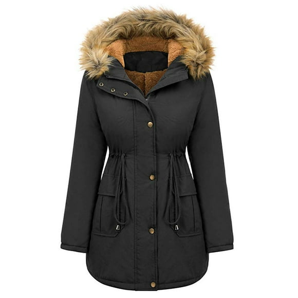 Women Winter Fleece Hooded Thicken Parka Casual Long Sleeve Zipper Button Down Overcoat Jacket Trench Coat Outerwear