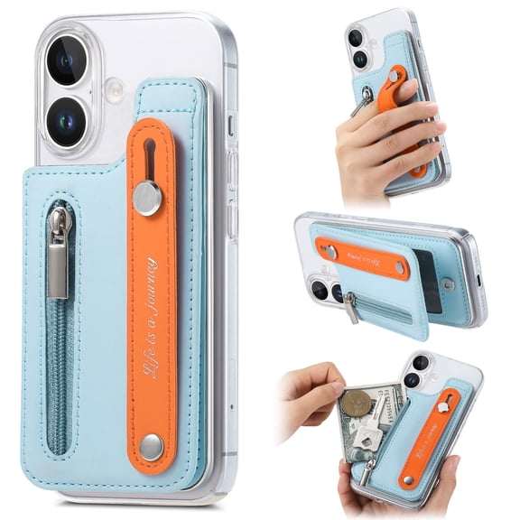 for iPhone 16 Back Wallet Case with Card Holder Zipper Pocket, Wristband Flip Kickstand, RFID Blocking Secure Hand Grip PU Leather Shockproof Clear Phone Cover for iPhone 16, Skyblue