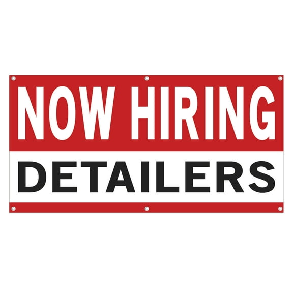 Now Hiring Detailers 13 oz Heavy Duty Vinyl Banner Jobs Available Auto Detailing Help Wanted Sign for Business Advertising Indoor/Outdoor Single-Sided with Metal Grommets (1.5x5 ft, Wh & Re & Bk)