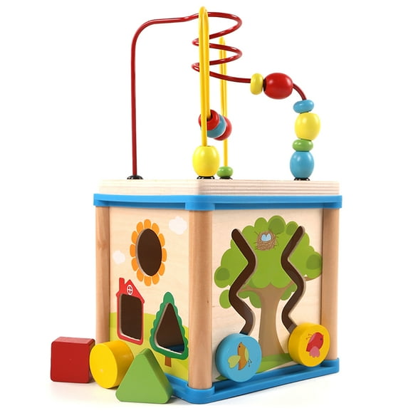 Baby Activity Cube Set Wooden Funny Educational Bead Maze Toy Shape Sorter Cube