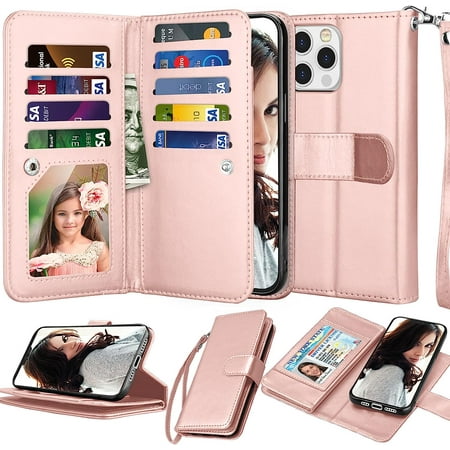 NJJEX Wallet Case for iPhone 13 Pro Max Case/iPhone 13 Pro Max Wallet Case 6.7" 2021, [9 Card Slots] PU Leather Card Holder Folio Flip [Detachable] Kickstand Magnetic Phone Cover & Lanyard [Rose Gold]