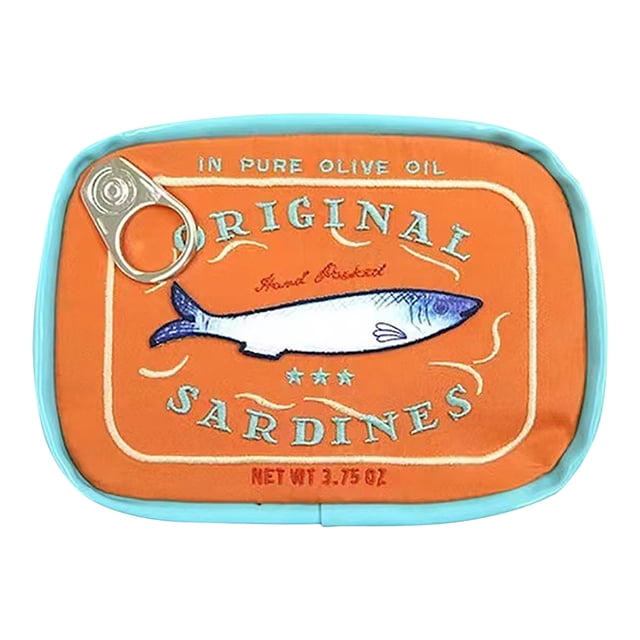 Bolsa de cosméticos con lata de sardinas Bolsa de maquillaje con sardinas enlatadas