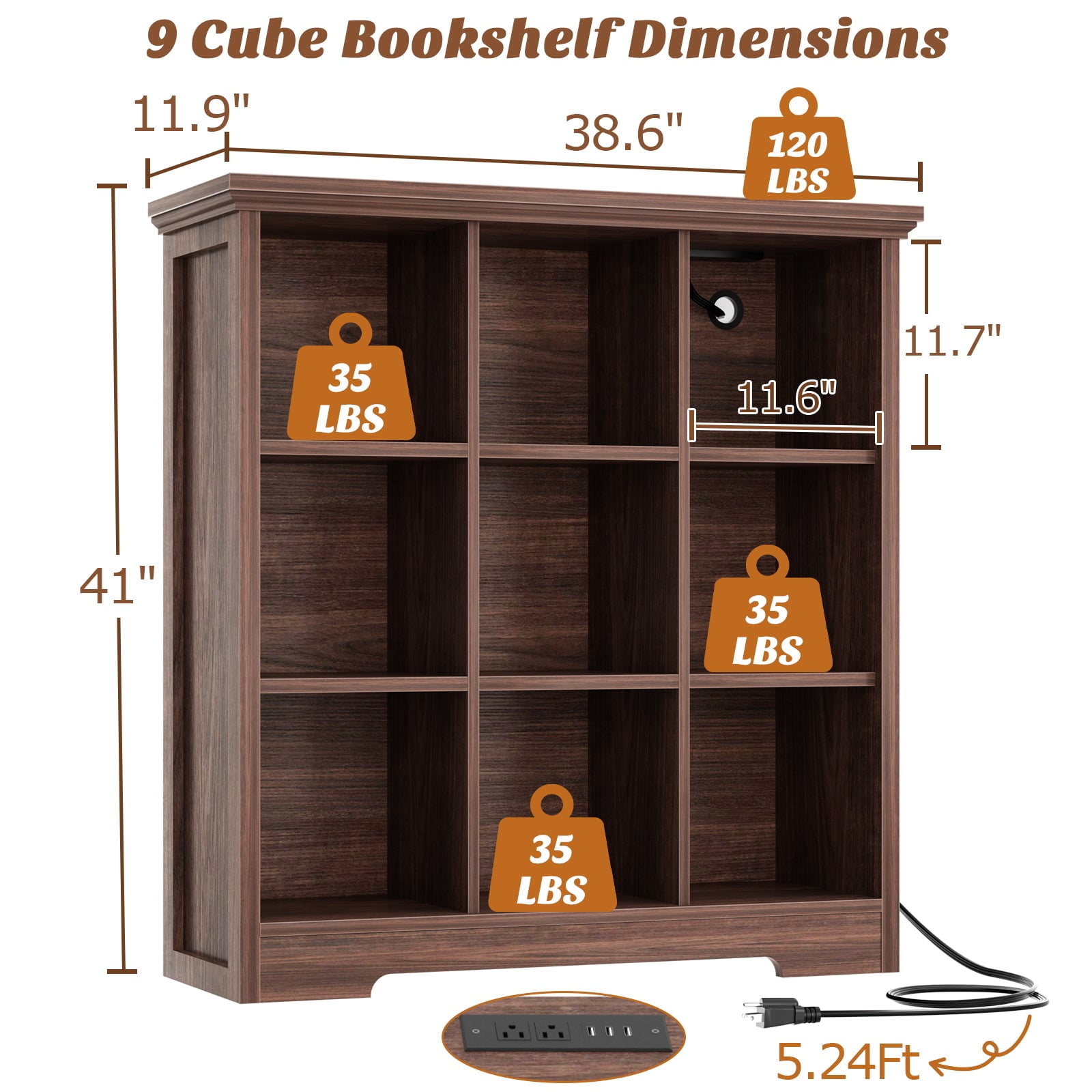 Homieasy 9 Cube Storage Organizer with Charging Station, 41'' Tall Wooden Cube Bookcase for Living Room, Bedroom, Walnut