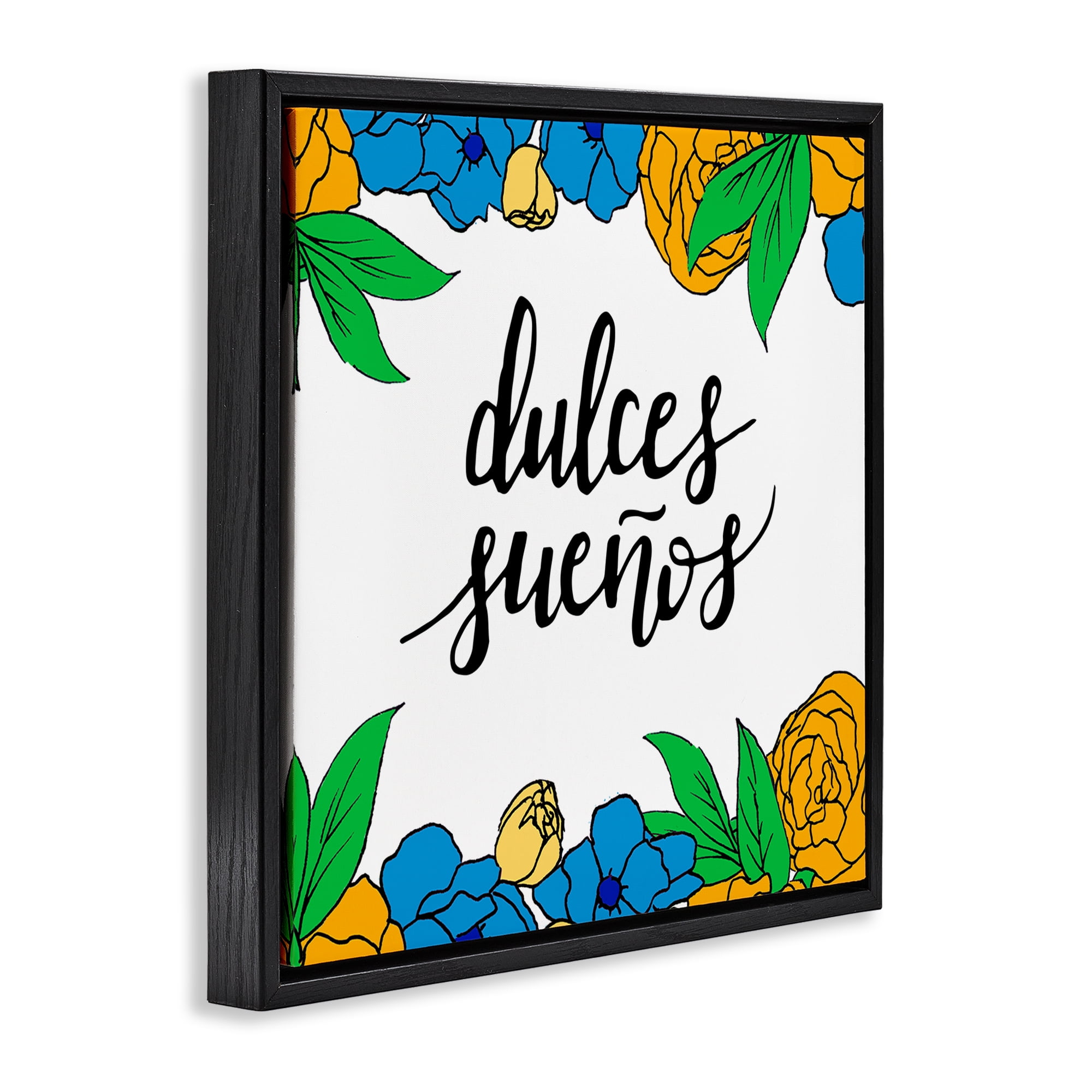 Stupell Industries Dulces Sueños Flores Tropicales Inspirational Quotes & Sayings Painting Black Floater Framed Art Print Wall Art, 25 x 25