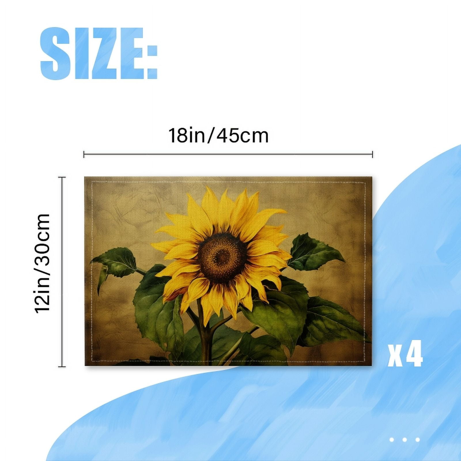 Bahomeck Placemats Set Of 4 Rectangle Linen Cotton Placemats For Dining Table Fade Resistance Washable Heat Resistant，18*12Inch,Beautiful Sunflower With Leaves On Antique Background