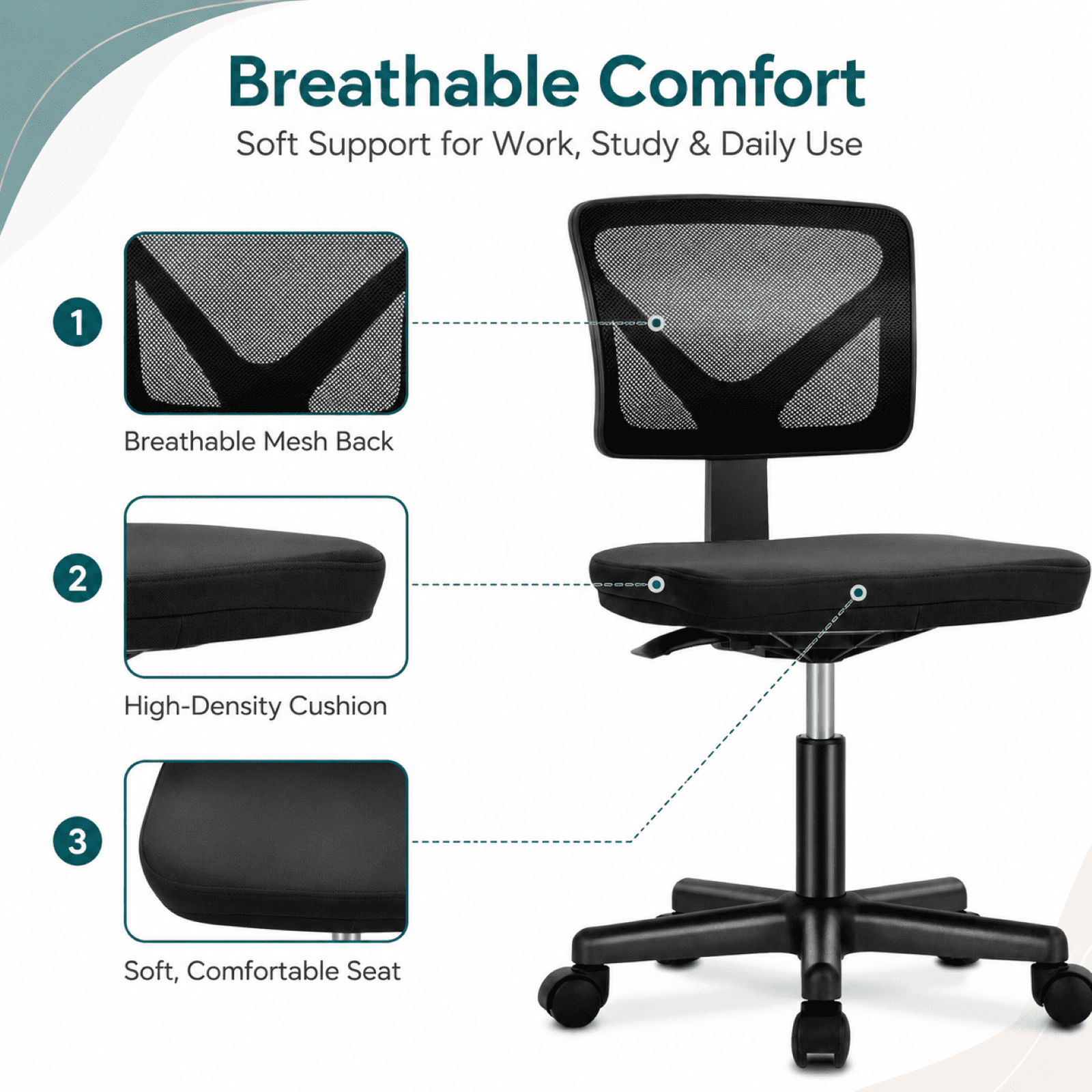 Kelno Small Desk Chair with Wheels Adjustable Computer Desk Chair with Lumbar Support Mesh Ergonomic Low-Back Office Chair, Black