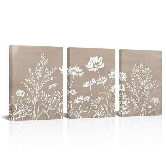 Boho Botanical Prints Beige Floral Canvas Picture Wall Art for Bathroom Decor 12x16inchx3panels(Framed)