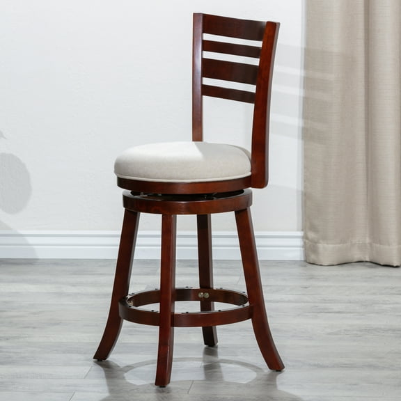 Cfowner 24" Counter Height Slat Back Swivel Stool, Cherry Finish, Beige Fabric Seat